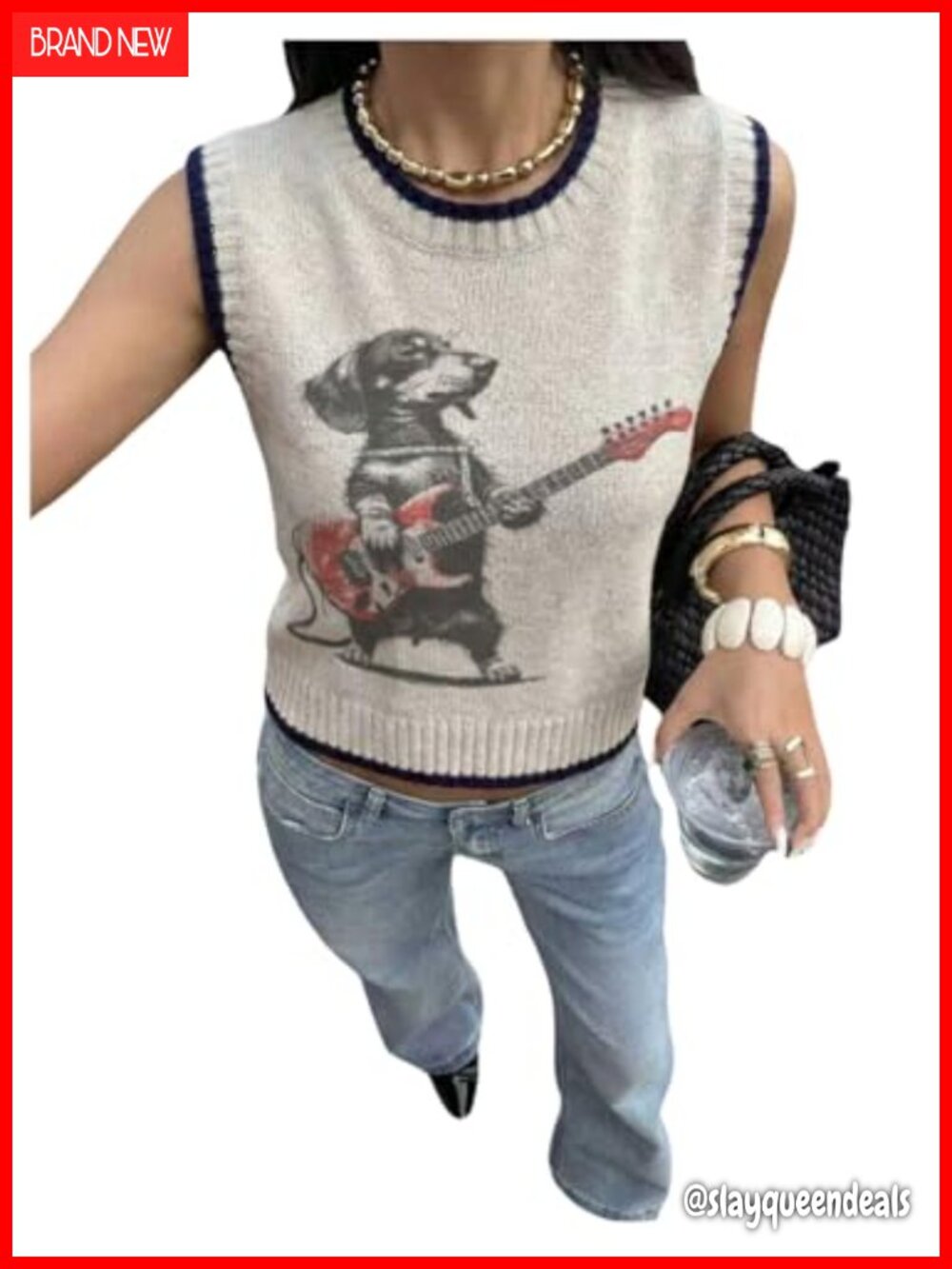 Sweater Vest Dachshund Guitar Animal Print Sleeveless Knit Casual